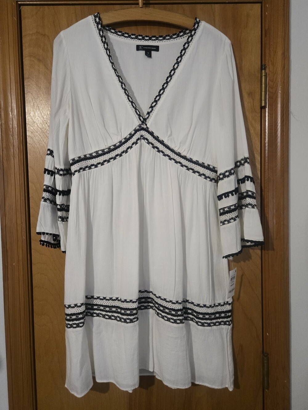 INC International Concepts White Tunic Dress with Black Trim Embroidery Size M